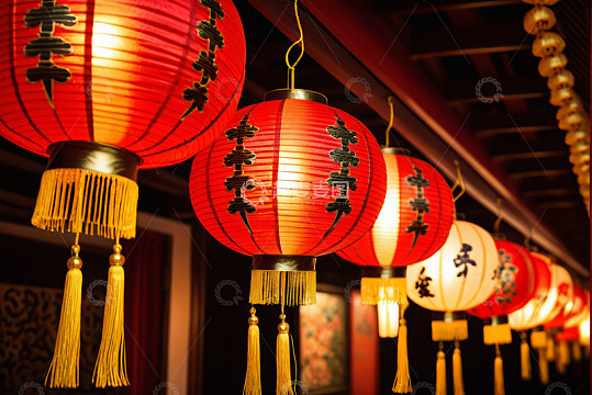 中式红色灯笼悬挂场景