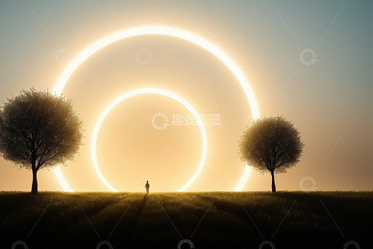 田野中人物逆光剪影景象