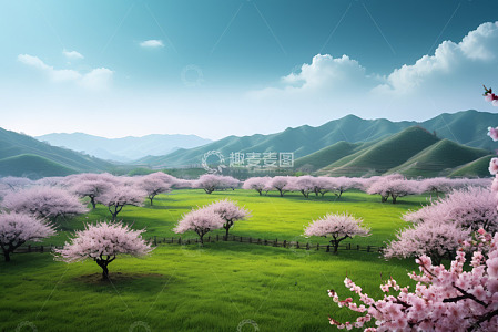 春日草地樱花与远山风景