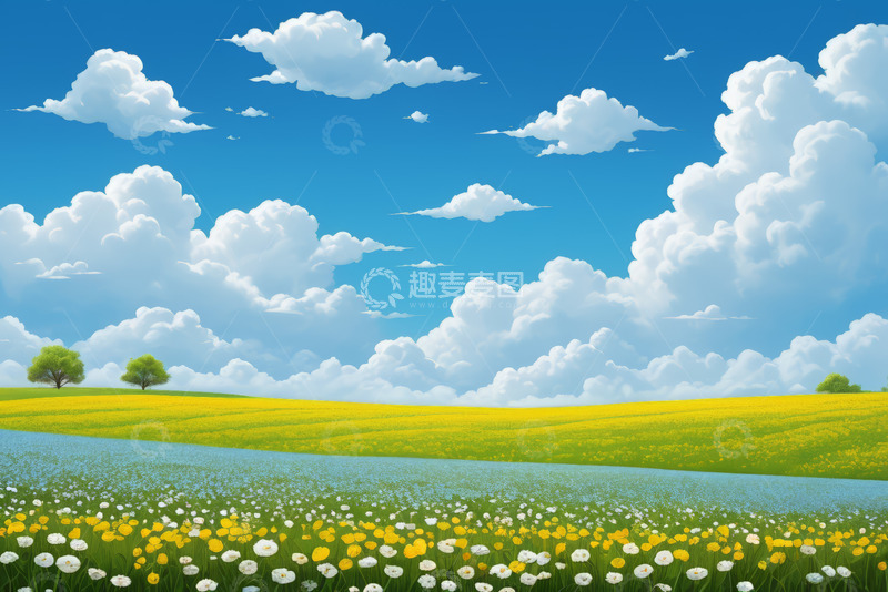高清大图下载【趣麦麦图】蓝天白云下的田园风光