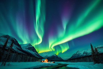 雪山间极光下的小屋夜景