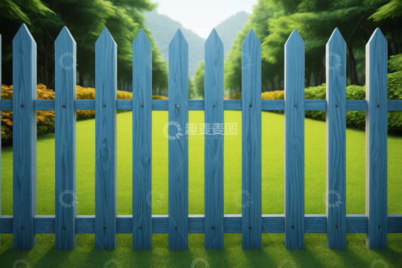 高清大图下载【趣麦麦图】户外蓝色木栅栏与绿色草地景观