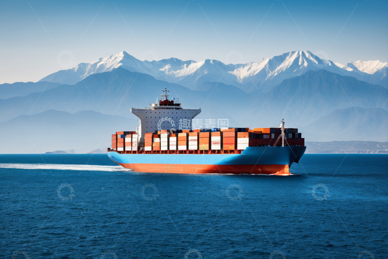 高清大图下载【趣麦麦图】海上货运集装箱船与雪山背景