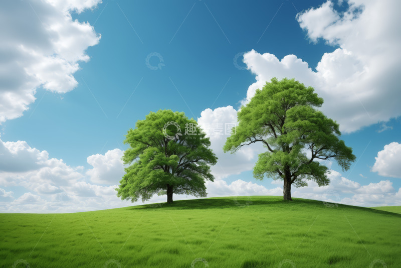 高清大图下载【趣麦麦图】蓝天白云下的草地与树木