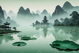 中式山水意境湖景古建筑