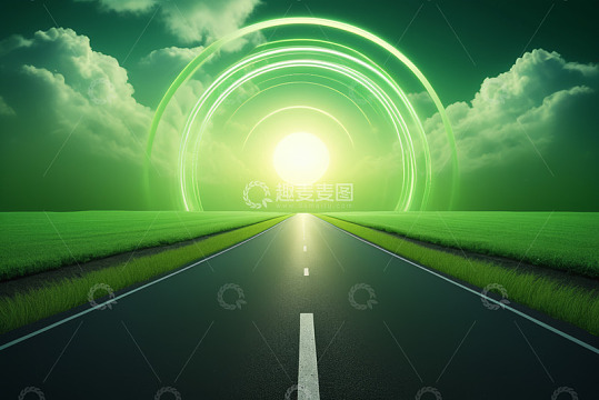 绿色道路通向发光圆环景观