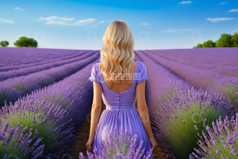 高清大图下载【趣麦麦图】女子漫步紫色薰衣草花田