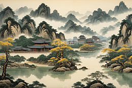 中式山水古建筑风景