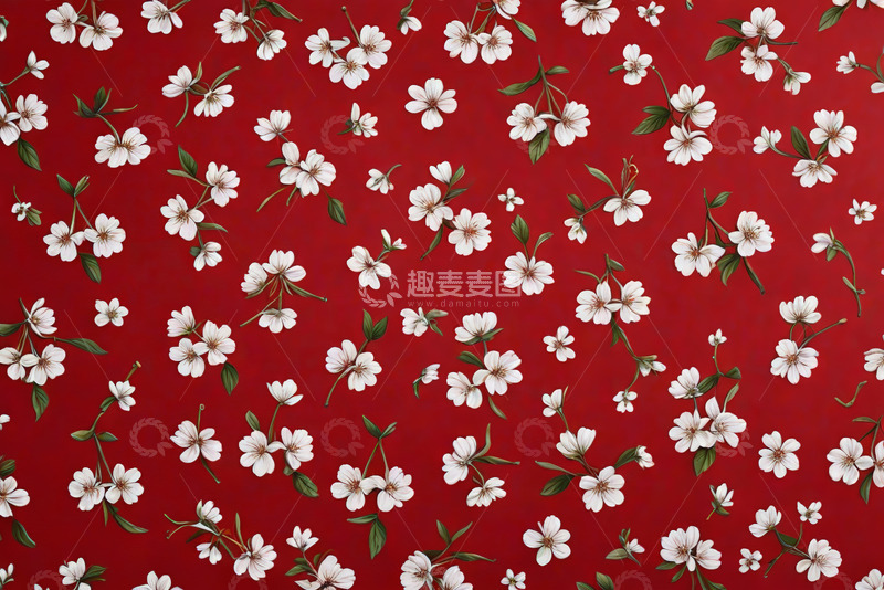 高清大图下载【趣麦麦图】红色背景白色花卉图案