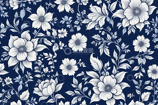 蓝底白花花卉图案背景