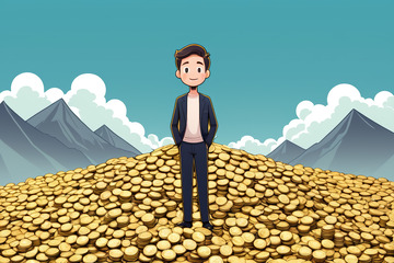 男子站立于金币堆上动画素材