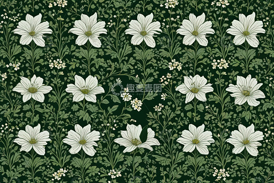 绿色背景白色花卉图案