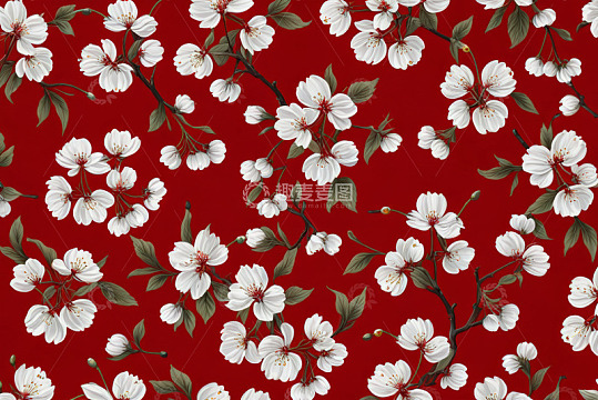红色背景白色花卉图案