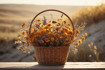 户外木桌上装满野花的藤编花篮