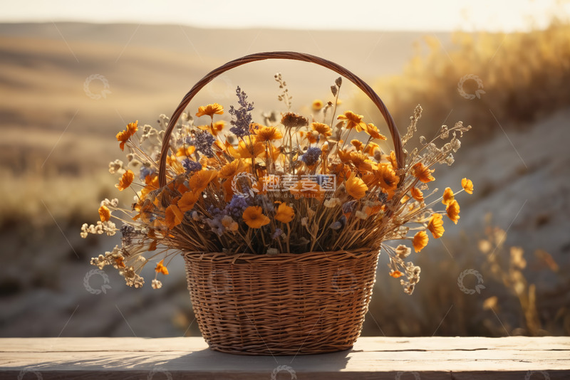 高清大图下载【趣麦麦图】户外木桌上装满野花的藤编花篮