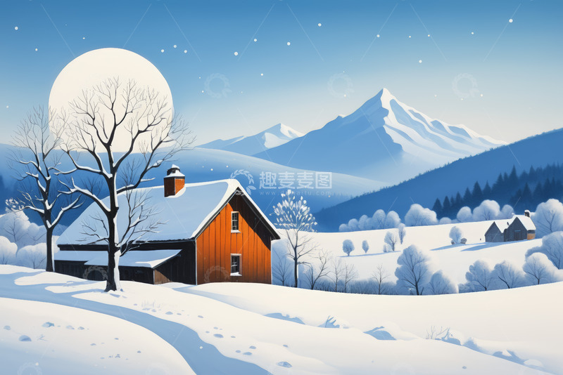高清大图下载【趣麦麦图】冬日乡村雪景小屋