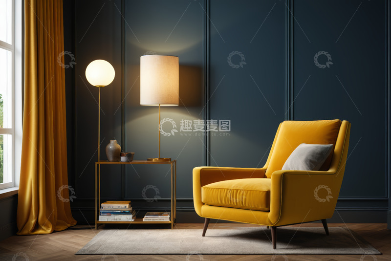 高清大图下载【趣麦麦图】室内黄色沙发与灯具装饰场景