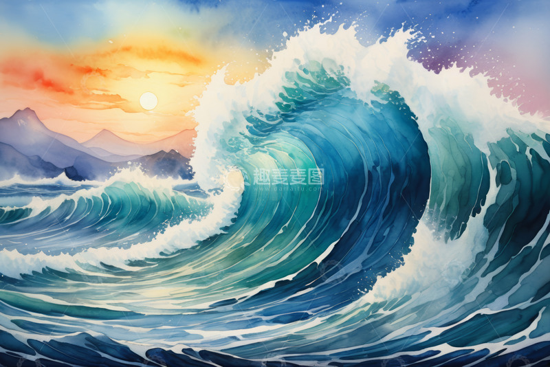 高清大图下载【趣麦麦图】海上日落时的汹涌波浪