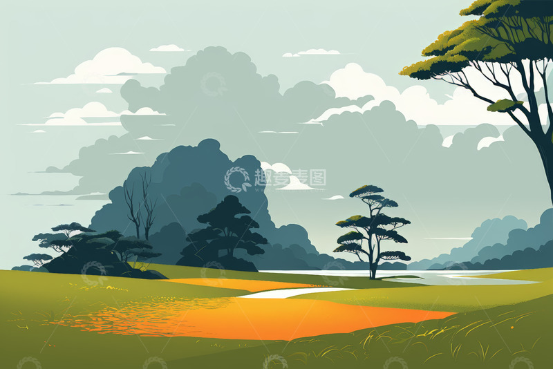 高清大图下载【趣麦麦图】自然风光中的草地树林与天空