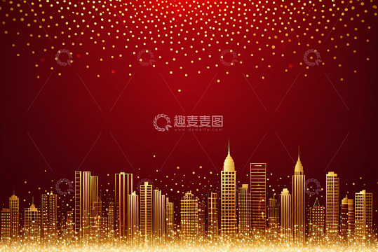 红底金色粒子城市建筑背景