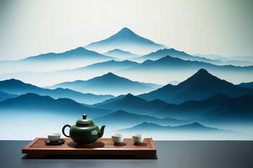中式茶具配山水背景