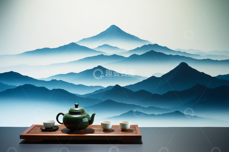 高清大图下载【趣麦麦图】中式茶具配山水背景
