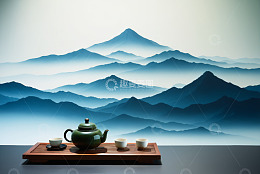 中式茶具配山水背景