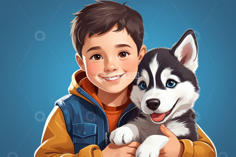 高清大图下载【趣麦麦图】男孩怀抱哈士奇微笑画面