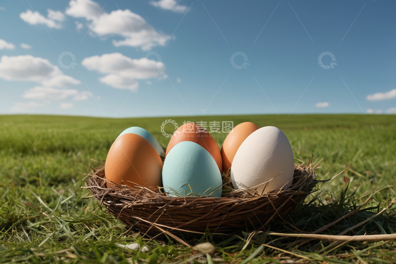 高清大图下载【趣麦麦图】草地上鸟巢中的彩色鸡蛋