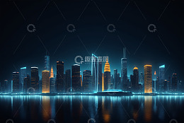 夜晚城市天际线灯光倒影景观