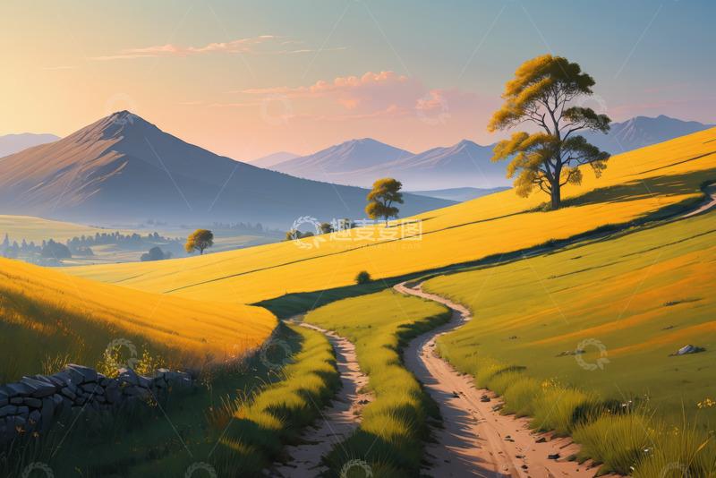 高清大图下载【趣麦麦图】黄昏下的山间田野风景