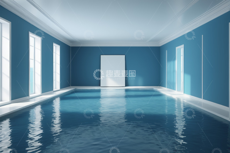 高清大图下载【趣麦麦图】室内蓝色墙壁的泳池场景