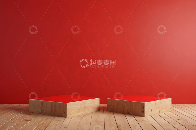高清大图下载【趣麦麦图】红色背景前的木质展示台