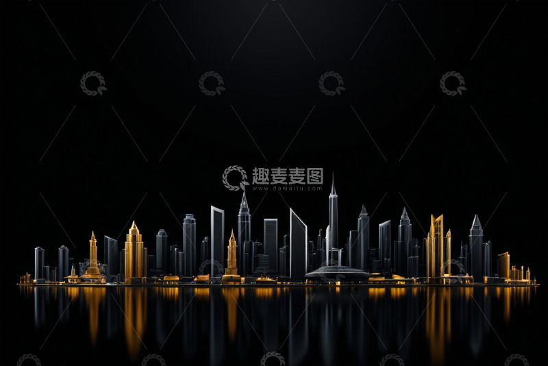 高清大图下载【趣麦麦图】黑金风格城市建筑群夜景