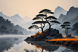 山水间孤舟与松树自然风光