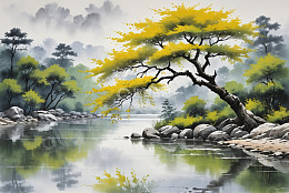 河边黄绿树木自然风光
