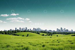 城市边缘的绿色草地与天际线
