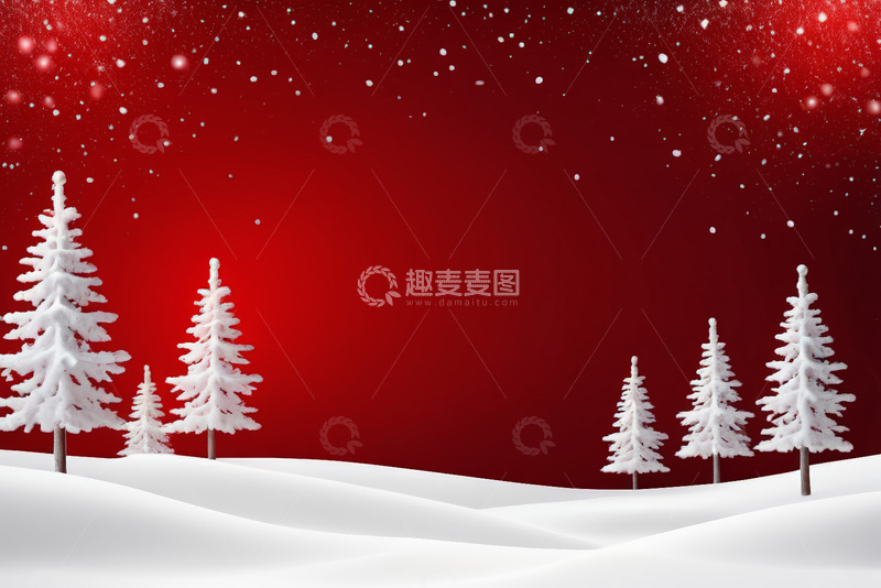 高清大图下载【趣麦麦图】红色背景下的雪景与圣诞树