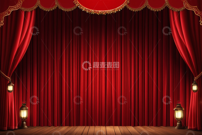 高清大图下载【趣麦麦图】舞台红色幕布与复古灯具场景