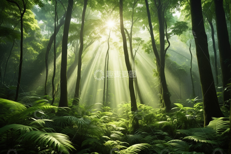 高清大图下载【趣麦麦图】阳光照耀下的茂密森林景象