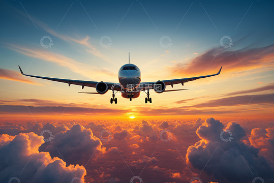 夕阳下空中飞行的客机