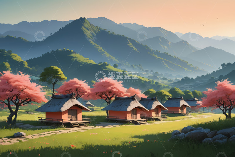 高清大图下载【趣麦麦图】山间粉樱环绕的传统小屋景观