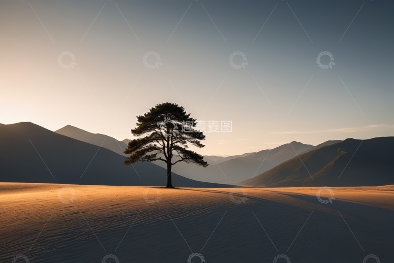 高清大图下载【趣麦麦图】旷野中孤树立于群山背景下