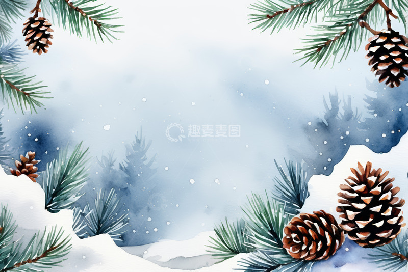 高清大图下载【趣麦麦图】冬季松枝松果雪景背景