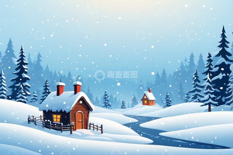高清大图下载【趣麦麦图】冬日雪景中的木屋与松林