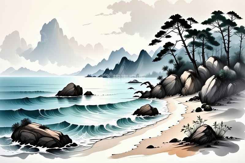 高清大图下载【趣麦麦图】海边沙滩岩石与远山景观