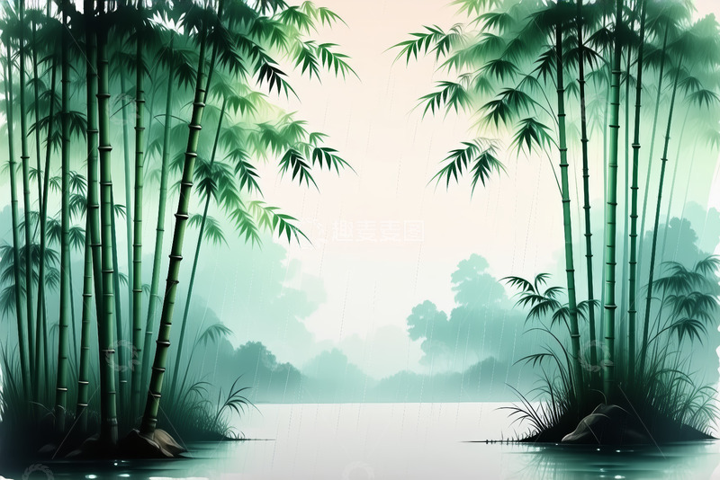 高清大图下载【趣麦麦图】雨中竹林水边风景