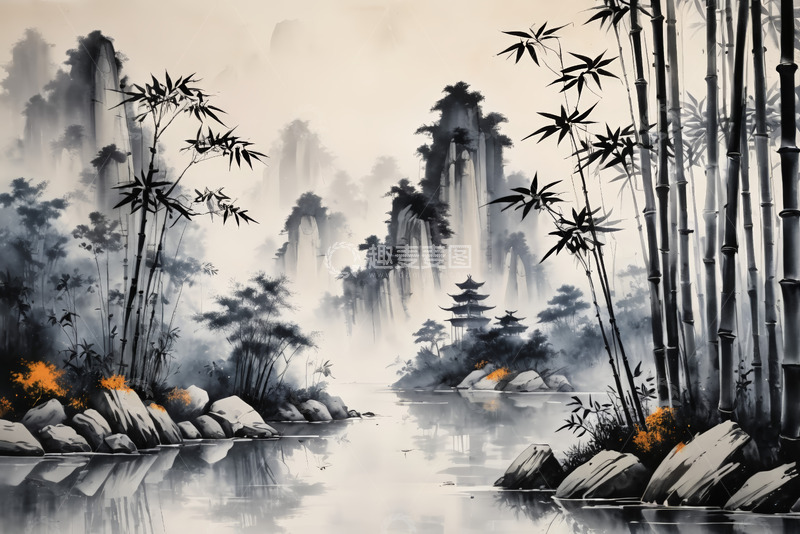 高清大图下载【趣麦麦图】中式水墨山水竹林风景