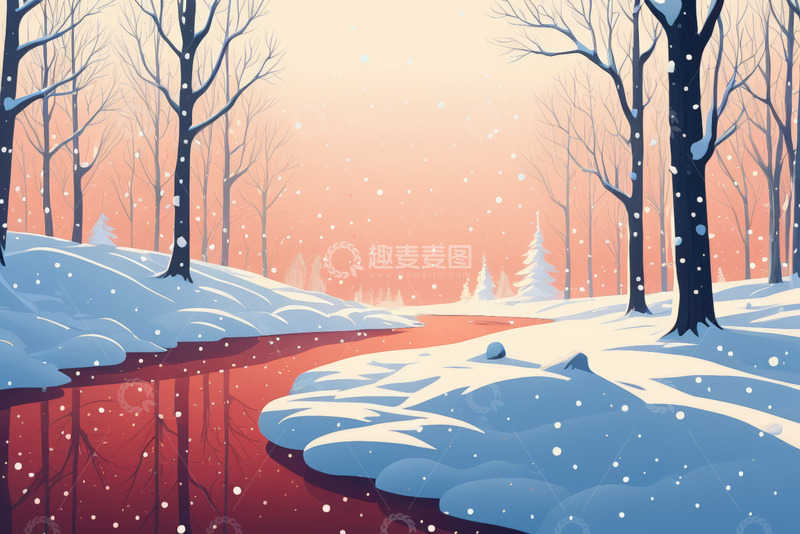 高清大图下载【趣麦麦图】冬季雪景树林河流动画场景