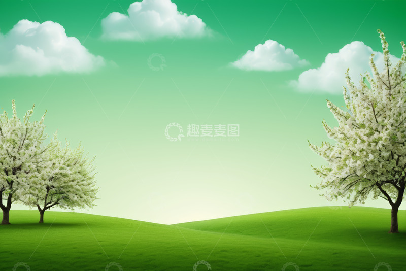 高清大图下载【趣麦麦图】户外绿色草地与开花树木景观